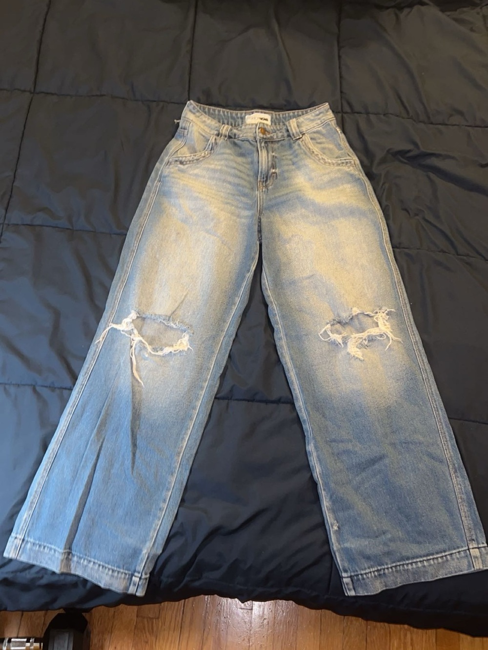 Fashion Nova Light Blue Wide-Leg Distressed Jeans